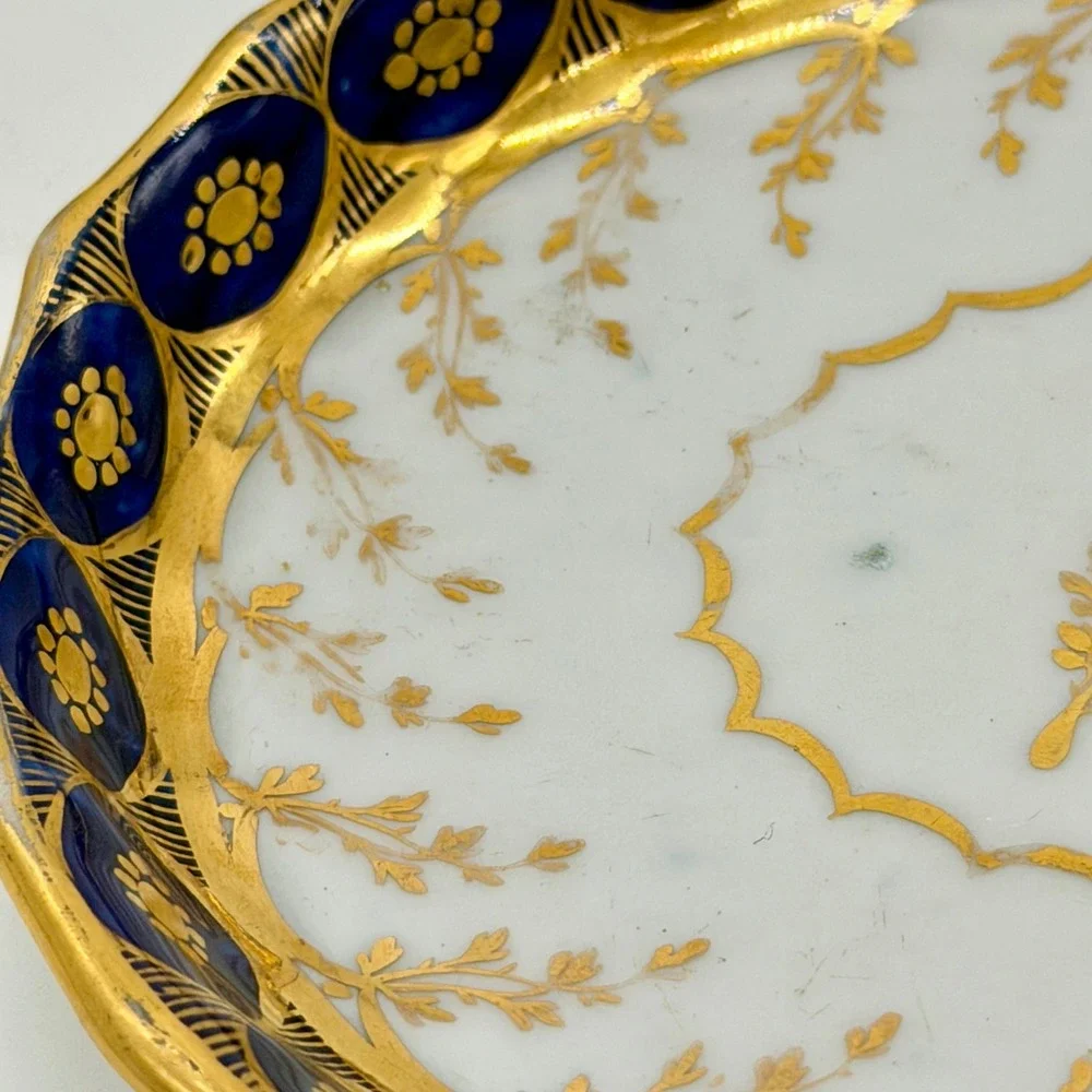 Antique‎ Cobalt Blue Gold Gilt Porcelain Oval Trinket Dish Floral Scalloped Rim